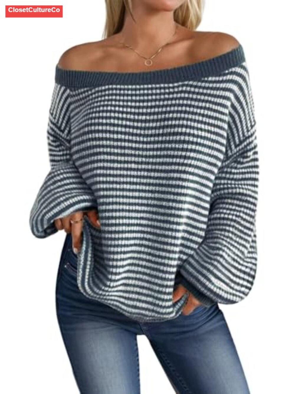Off the Shoulder Striped Pullover Sweater Oversized Casual